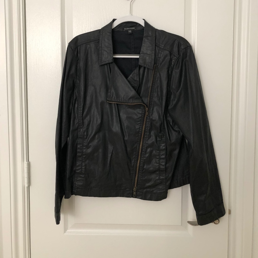 Eileen Fisher Waxed Cotton Stretch Moto Jacket Black Large Like New